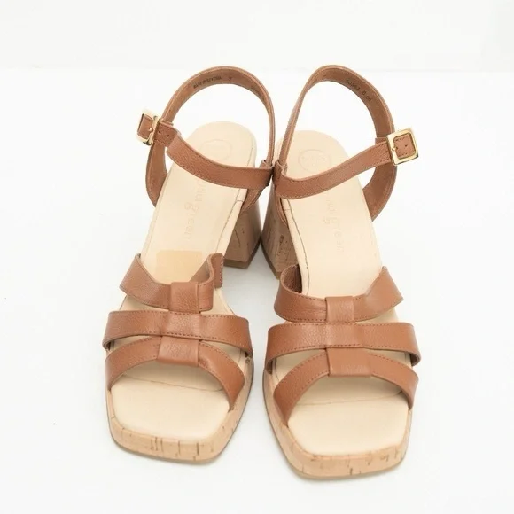 Paul Green Tina Cognac Leather Cork Block Heel Sandals Ankle Strap Sz 10 BNWB - Picture 4 of 11